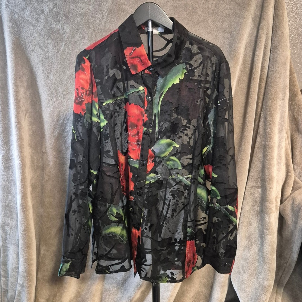 Erin by Erin London Sheer Burnout  Rose Floral Button Down Blouse Large